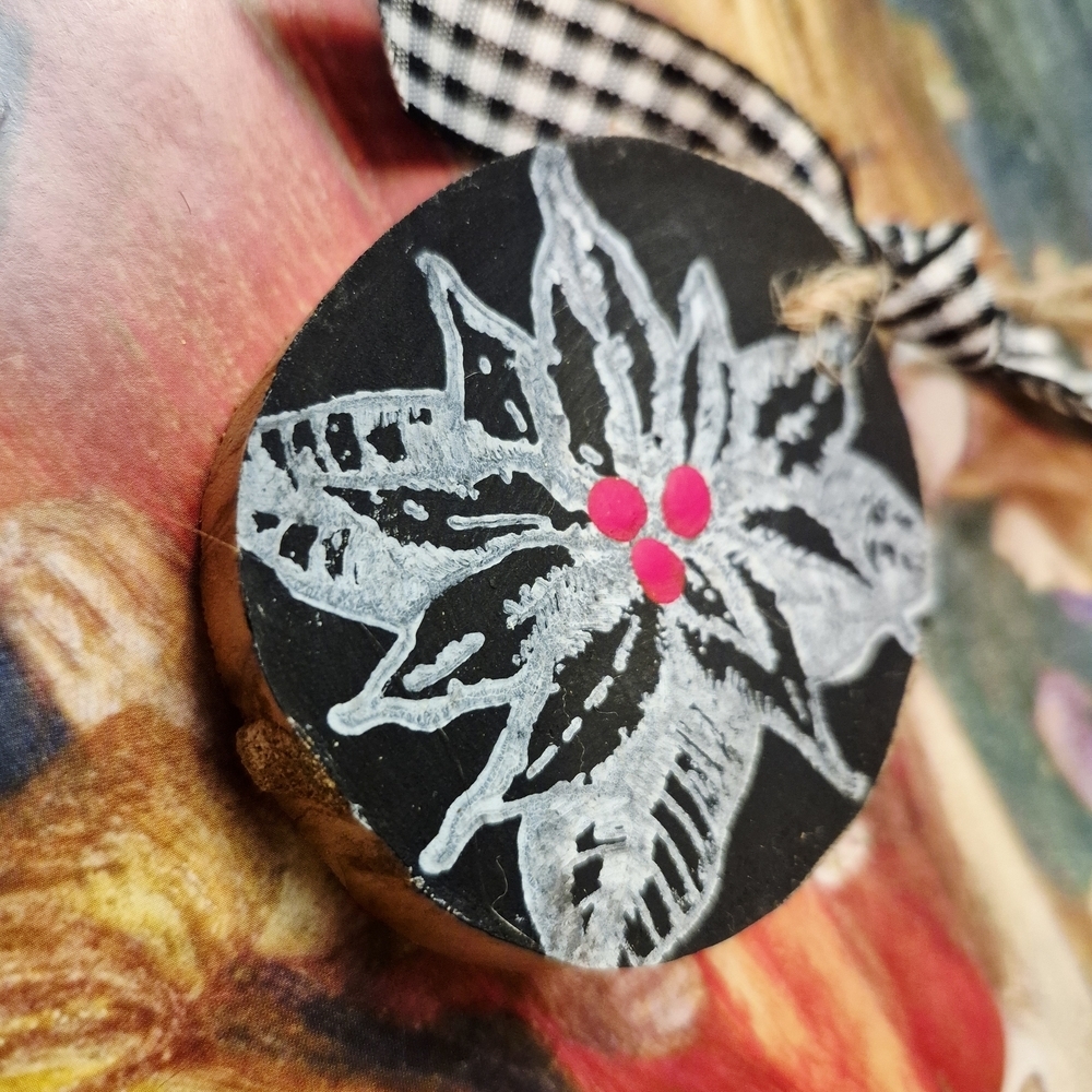 Handcrafted  Wooden Round Christams  Ornament with Black and White Design - Picture 3 of 10
